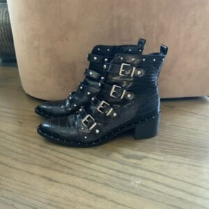 Fergie Black Croc-Embossed Buckle Wedges